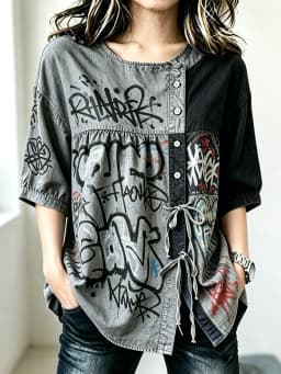 Women's Two-Tone Graffiti Print Drawstring Button Up Blouse, Casual Round Neck Tops for Spring Summer Daily Vacation Wear