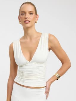 Women's 2-piece White Ruched Sleeveless V-neck Top And Irregular Midi Skirt Set Elegant Casual Party Summer Vacation Outfit