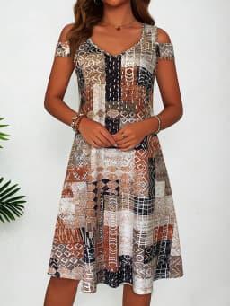 Women's Geometric Patchwork Print Cold Shoulder Dress, Summer Casual V Neck Short Sleeve Flowy Sundress