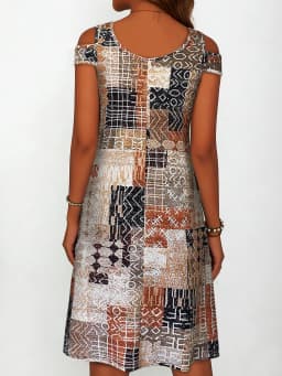 Women's Geometric Patchwork Print Cold Shoulder Dress, Summer Casual V Neck Short Sleeve Flowy Sundress