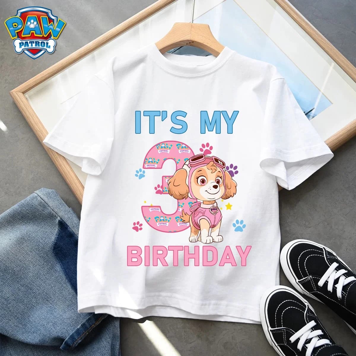 Paw Patrol Kids Clothes Cartoon Anime Skye Clothing Crew Neck Girls Baby Skin-friendly Breathable White T-Shirt Birthday Gift