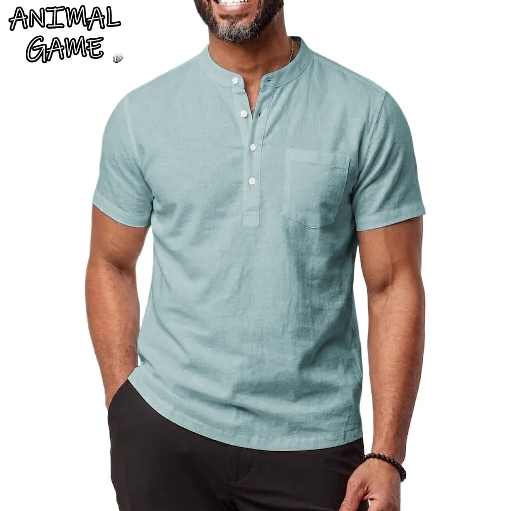 New Short Sleeve Shirt Man Solid Color T-shirts Linen Cotton Summer Shirts Breathable Loose Hawaiian Shirt Pocket Vintage Tee