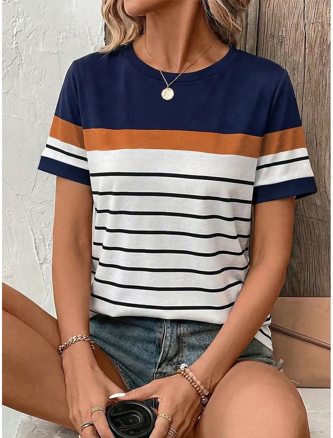 Women's Vintage Striped Print T-Shirt, Short Sleeve Crew Neck, Blue White, Spring Summer