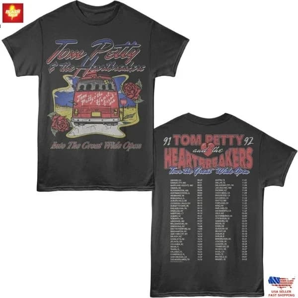 Tom Petty and The Band Heartbreak 91-92 Great Wide Open Tour T-shirts, Daily Outdoor Retro T-shirts Fan Printed Casual T-shirts