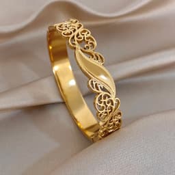 Vintage Gold Plated Stainless Steel Cuff Bangle Exquisite Hollow Flower Textured Smooth Leaves Wide Bracelets Waterproof Jewelry