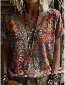 Women's Vintage Stylish V Neck Short Sleeve Long T-Shirt Floral Geometric Print Casual Daily Weekend Tops for Spring & Summer