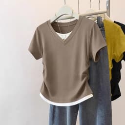 Women Summer Short Sleeved Top for Fashion Versatile Base Shirt Slim Fit Fake Two T-shirts Casual and Sexy Breathable and Cool