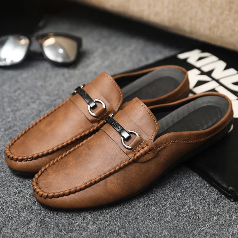 Summer Leather Casual Shoes For Men Half Shoes Comfortable Soft Men's Loafers Lightweight Flat Slip-on Shoes Man Daily Slippers