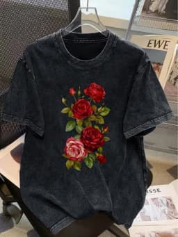 Ace of Hearts Black Rose Graphic Women's T-Shirt, Vintage Washed Dark Grey Print Loose Casual Short Sleeve Summer Top Daily Wear