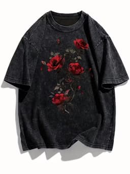 Ace of Hearts Black Rose Graphic Women's T-Shirt, Vintage Washed Dark Grey Print Loose Casual Short Sleeve Summer Top Daily Wear