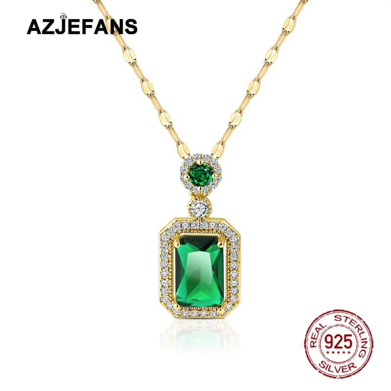 AZJEFANS 925 Sterling Silver 18K Gold Plated Emerald Zircon Pendant Necklace Gift For Girl Fine Jewelry