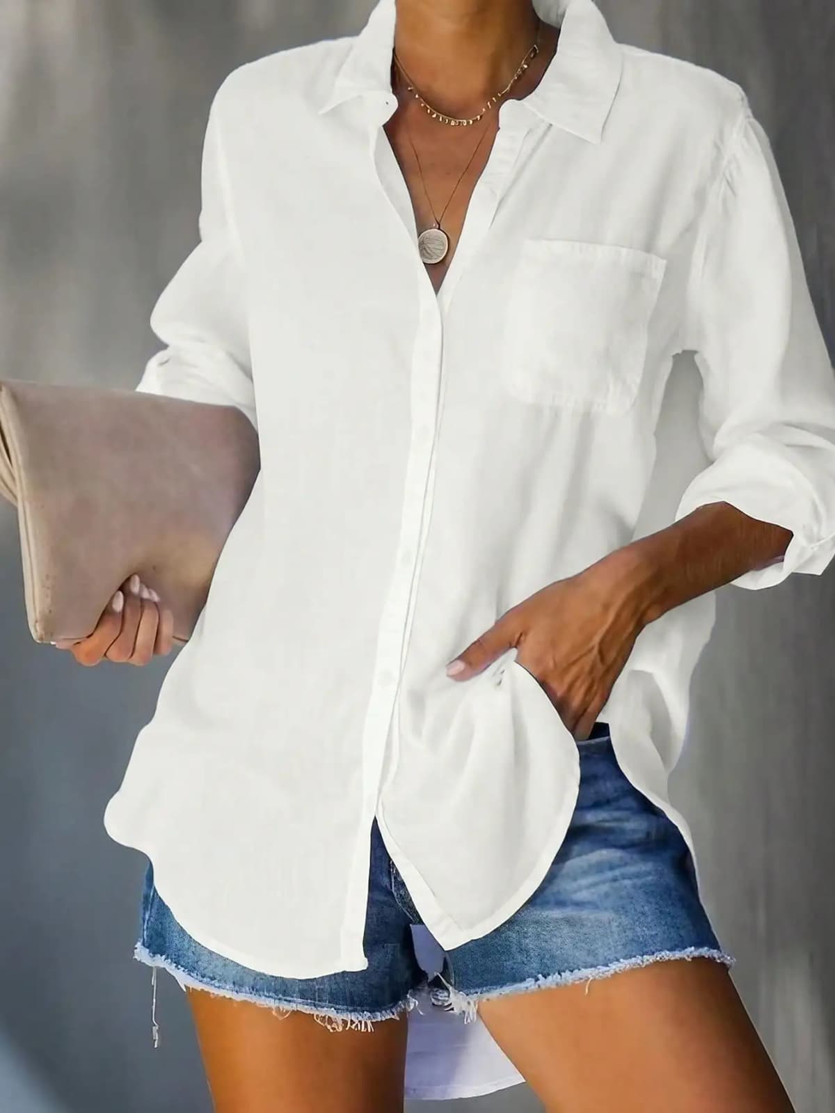 Casual, Everyday, Solid Color Basic Style — Long Sleeve, Collared, Button-Down Top (White) — Spring