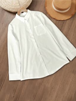 Casual, Everyday, Solid Color Basic Style — Long Sleeve, Collared, Button-Down Top (White) — Spring