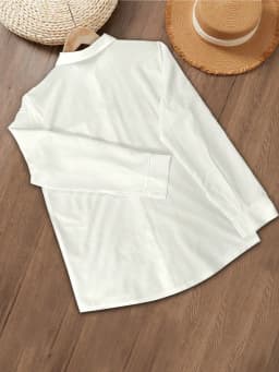 Casual, Everyday, Solid Color Basic Style — Long Sleeve, Collared, Button-Down Top (White) — Spring
