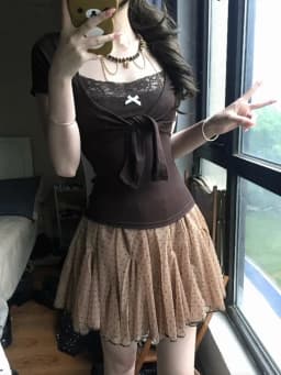 Genayooa Japanese Y2k Two Pieces Tops Women Short Sleeve Lace Patchwork Camis + Lace Up Smock Fairycore 2000s Tee Tops E-girls