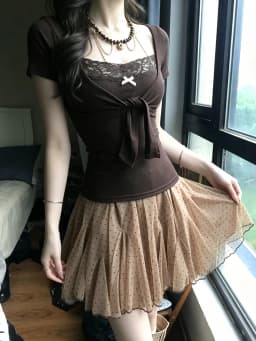 Genayooa Japanese Y2k Two Pieces Tops Women Short Sleeve Lace Patchwork Camis + Lace Up Smock Fairycore 2000s Tee Tops E-girls