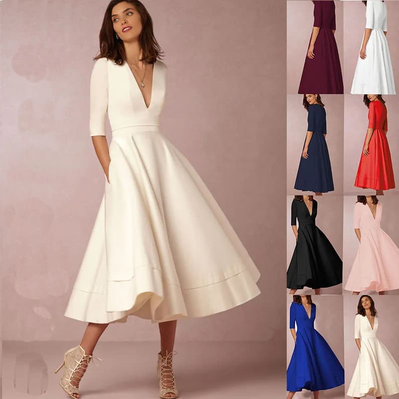 New Women Dress Long Fashion Vacation Party Dresses Short Sleeve V-neck Slit Solid High Quality Vestidos Femme 2024