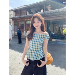 Women's Off Shoulder Gingham Blouse Summer Slim Fit Plaid Floral Print Short Sleeve Peplum Top Blue