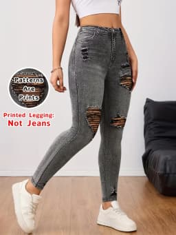 【Non-Denim】Women's Faux Denim Print Leggings, Sports Casual Skinny Pants, Thin Soft Skin-Friendly Yoga Pants, All Seasons Wear L