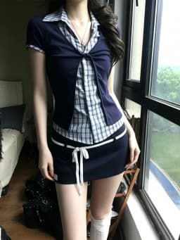 Genayooa Japanese Y2k Patchwork Fake Two Pieces Tops Short Sleeve Plaid Vintage Tops American Retro 90s Shirt Women Streetwear
