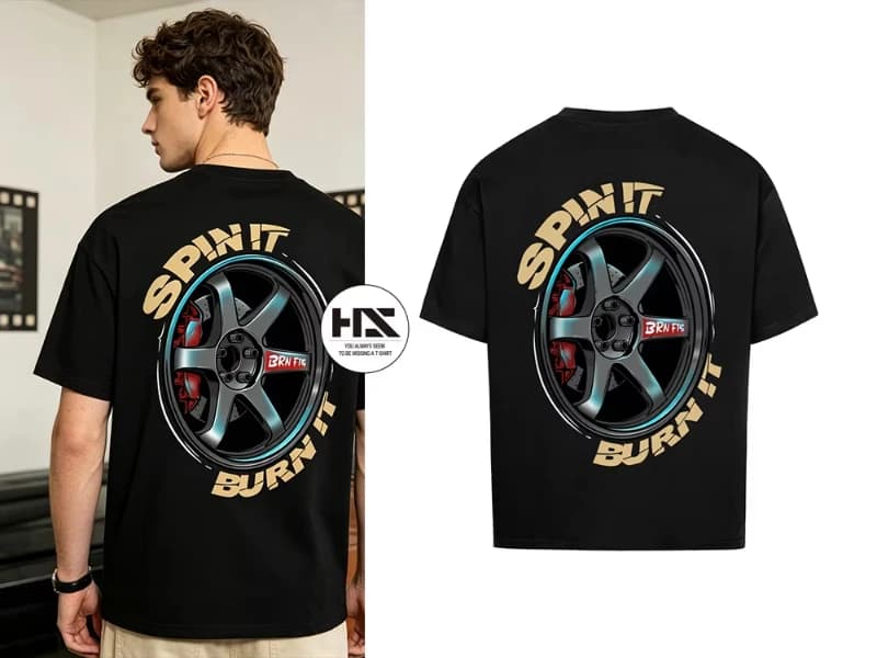 Men's Car Enthusiast Print T-Shirt Crew Neck Cotton Shirt with Ich Mag Felgen 5-Spoke Racing Wheel Design Urban Streetwear Style