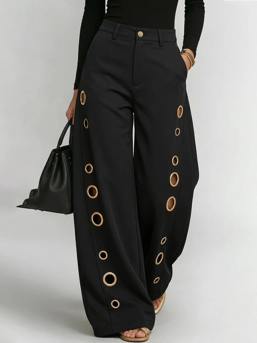 Bonboho Women's Solid Color Eyelet High Waist Wide Leg Pants 2026 Casual Streetwear Straight Leg Trousers Daily Wear Bottoms