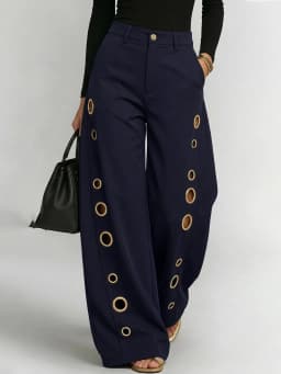 Bonboho Women's Solid Color Eyelet High Waist Wide Leg Pants 2026 Casual Streetwear Straight Leg Trousers Daily Wear Bottoms
