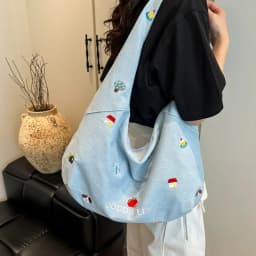 Zipper Closure Shoulder Bag Korean Style Embroidered Design Denim Tote Bag Sweet Style Cute Design Large-capacity Bag Casual Use