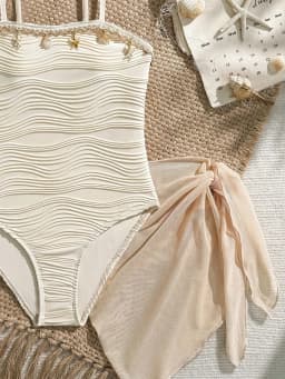 Trendy Girls 2Pcs Beach Swimsuit, Beige Shell Decor One-Piece + Sheer Mesh Sarong Cover up Set
