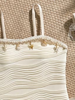Trendy Girls 2Pcs Beach Swimsuit, Beige Shell Decor One-Piece + Sheer Mesh Sarong Cover up Set