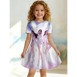 Girl K-Pop Star Group Stage Print Dress, White and Purple Short Sleeved T-shirt Dress Suitable for Birthday Gifting and Parties