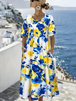 Women’s random Print Sundress, Short Sleeve Round Neck Midi Dress with Pockets, Vacation-Ready Summer Outfits