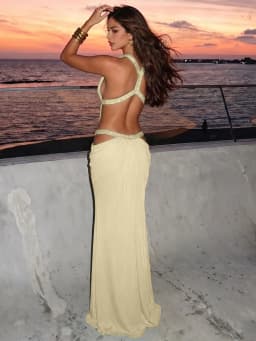 Sisterlinda Elegant Sequin Patchwork Hollow Dress Women Fashion Sexy Halter Backless Ruched Trend Vacation Party Club Bodycon