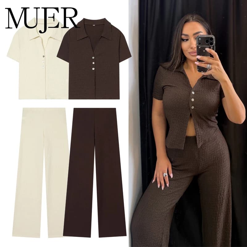 MUJER Textured Women's Pants Sets Casual Straight Leg Pants Set 2 Piece Woman Summer Outfit Mid Waist Women's Top and Bottom Set
