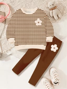 Kids Girls 2-Piece Casual Set, Brown & White Wavy Striped Flower Print Sweatshirt + Solid Brown Leggings Loungewear Outfit