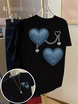 Denim Heart Graphic T Shirt Women Chain Print Y2K Aesthetic Cute Blue Heart Summer Short Sleeve Harajuku Loose White Top