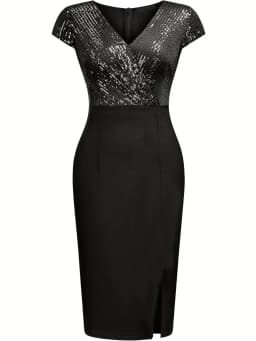 Women Summer Sexy V-neck Short Sleeved Knee Length Dress Chest Sequinr Nightclub Cocktail Party Slit Pencil Dress
