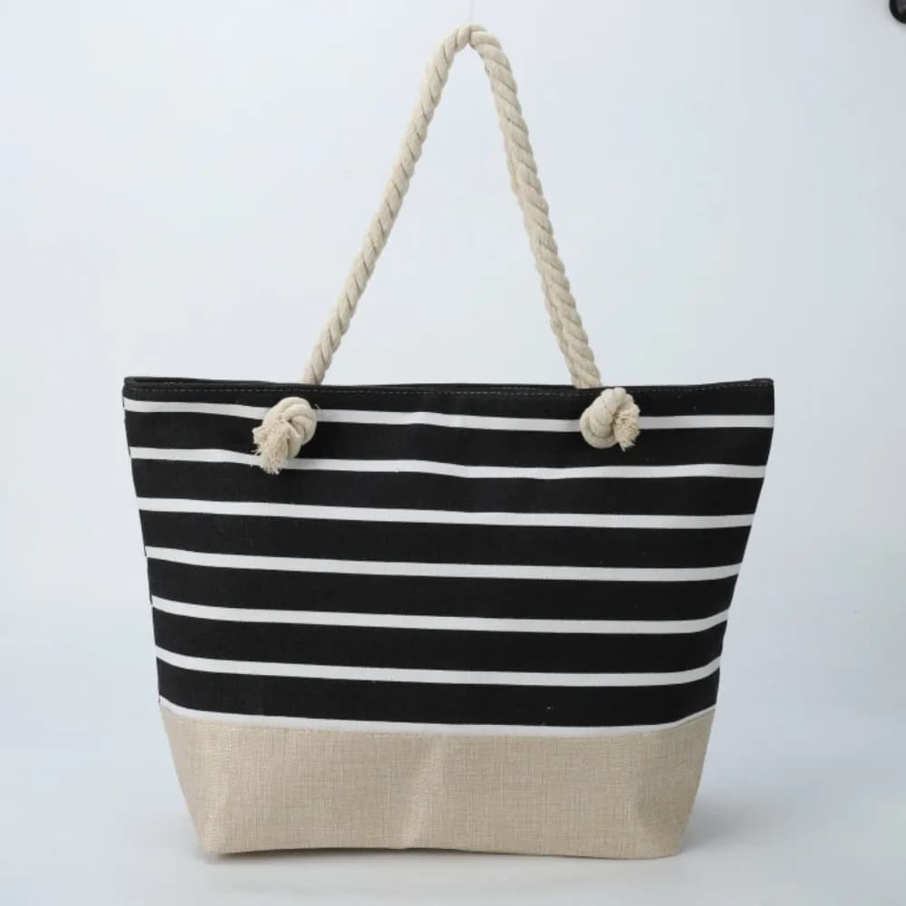 Striped Beach Tote Bag Large Capacity Canvas Shoulder Bag Foldable Zipper Travel Handbag For Travel Work Beach Gym Store