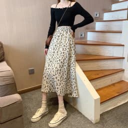 Spring Summer Casual Skirt Womens A-Line Skirts Fashion Vintage Floral Printed Chiffon Skirts Elastic High Waist Midi Skirts