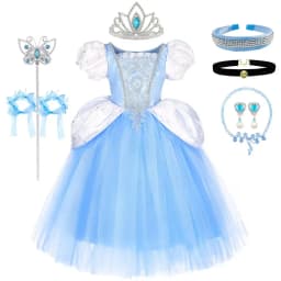 Girls Cinderella Princess Dress Puff Sleeve Embroidery Sequins Tulle Ball Gown Halloween Cosplay Birthday Party Carnival Costume