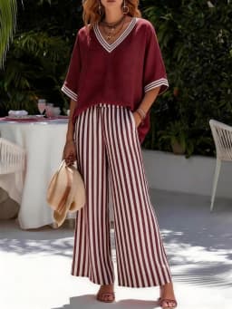 Fashion Printed Striped V-neck Short-sleeved Top + Wide-leg Trousers 2-piece Set Summer Casual Simple 9-point Pants Vacation Set