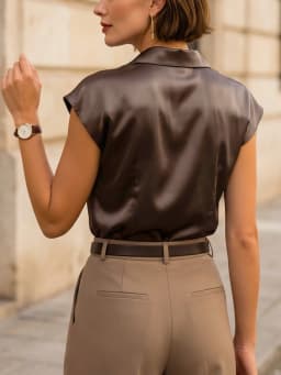 French retro style satin shirt, elegant dark brown V-neck top, simple short-sleeved silky summer top