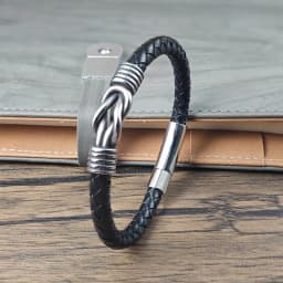 Men Black Leather Bracelet Stainless Steel Infinity Knot Charm Braided Wristband Fashion Bangle Male Jewelry Birthday Gift