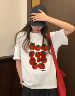 Cute Tomato Print Short Sleeve T-shirt Versatile Minimalist Crew Neck Tee Casual Korean Style Food Graphic Top for Women Girl