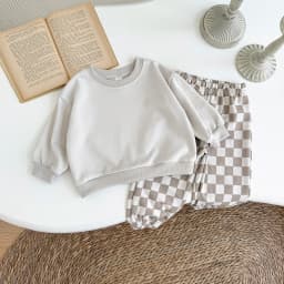New Design Minimalist Baby Girl Clothes Spring Fall Solid Top+Casual Checked Pants Sets Baby Boy Clothing