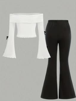 Kids Girls 2-Piece Off Shoulder Bow Print Flare Sleeve Top & High Waist Flare Pants Set Summer Casual Family Matching Daily Outf