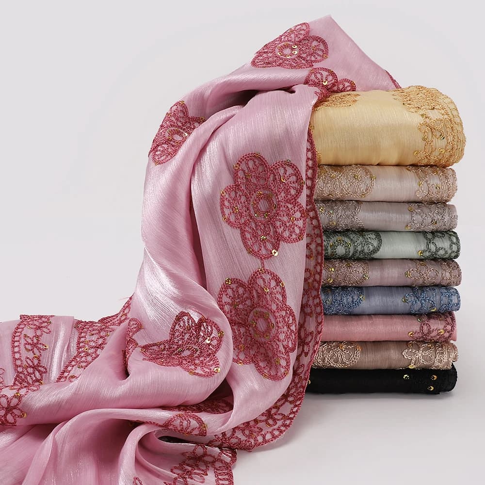 Embroidered Hijab Glitter Shimmer Shawl Muslim Head Scarf for Wedding Soft Satin Muslim Shawl Sparkly Sequin Scarf