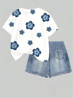 Kids Girls 2-Piece Floral Embroidery Short Sleeve T-shirt & Denim-Look Shorts Set Summer Casual Streetwear Daily School Outfit(N