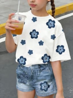 Kids Girls 2-Piece Floral Embroidery Short Sleeve T-shirt & Denim-Look Shorts Set Summer Casual Streetwear Daily School Outfit(N
