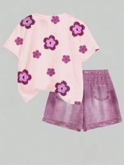 Kids Girls 2-Piece Floral Embroidery Short Sleeve T-shirt & Denim-Look Shorts Set Summer Casual Streetwear Daily School Outfit(N